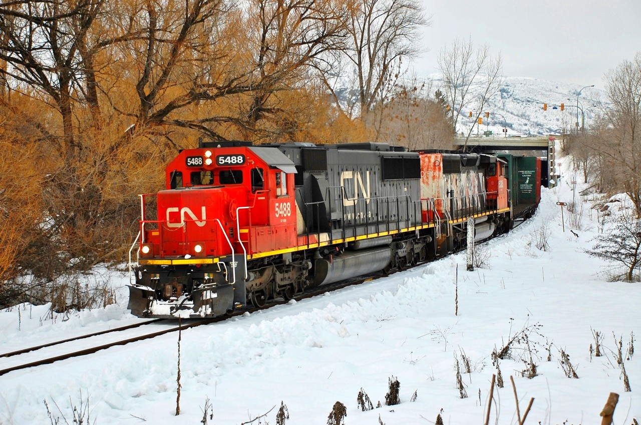 This southbound local freight is skirting Polson Park in Vernon behind CN nos.5488 & 5305.