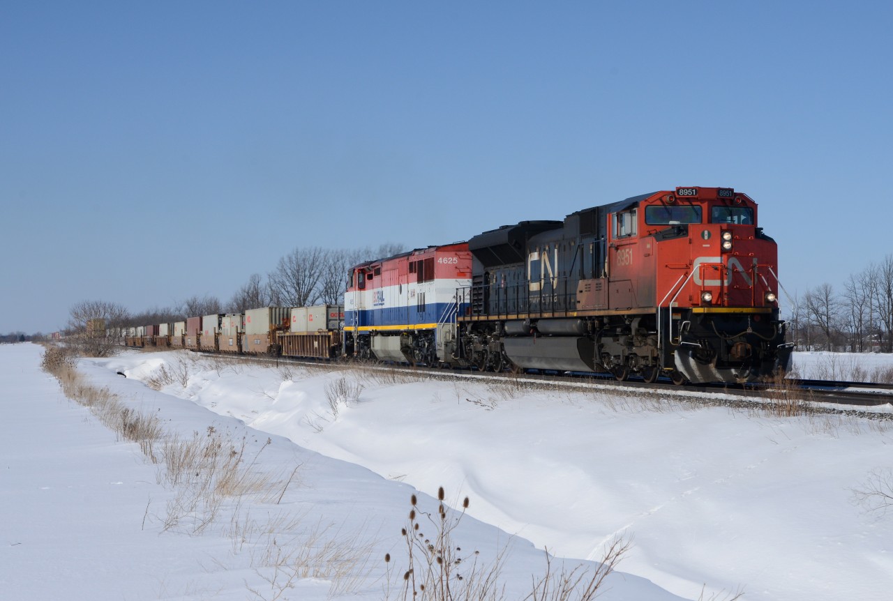CN 8951 heads east out of Sarnia with a very clean BCOL 4625.