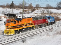 SOR 496 is seen passing by Garden Ave outside of Brantford with CEFX 1569, NECR 3840 and RLHH 3049.  Earlier in the morning 496 came up from Hamilton to switch Ingenia, but those plans didn't pan out for some reason.  They ended up working the yard in Brantford for an hour or so before lifting RLHH 3049 which had been left the night before by SOR 597.