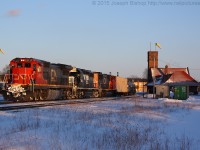 On a bitter February evening, CN 435 is seen arriving at Brantford to work the yard.  Their consist on this day was made up of CN 2117, NS 3403 and CN 5402.  No more than five minutes later the sun will have set making an attempt at another photo of the train impossible.