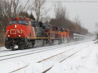 <b>Heritage!</b>  CN U711 roars up the grade at Copetown with CN 2284, NS 8102 The Pennsylvania Railroad Heritage Unit and BNSF 9115.  This was my first heritage unit sighting...good way to kick off Winter Reading Week!