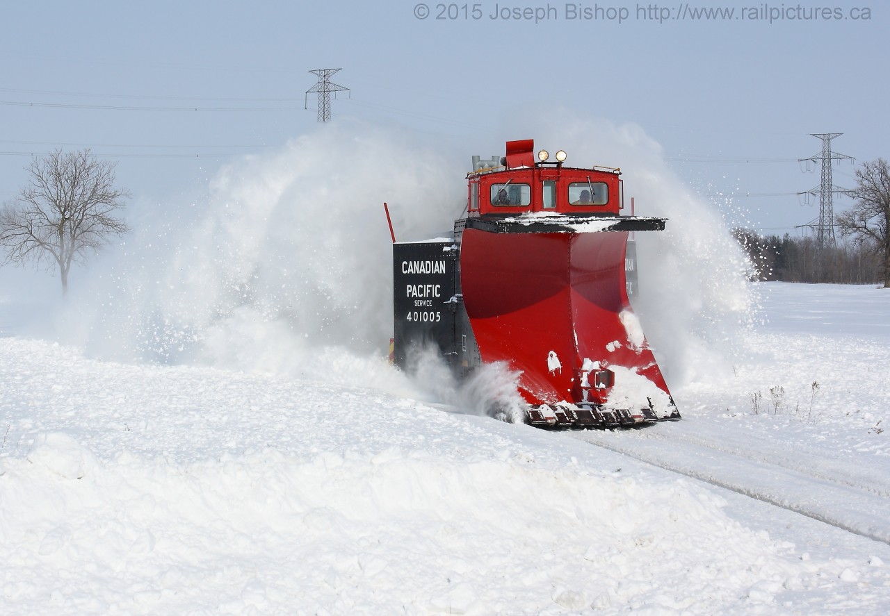 The OSR ran a plow extra to St Thomas today, it was a chilly but very eventful and enjoyable day of chasing the train.  Pictured we see the plow making its second pass to tackle some stubborn drifts.  The power for the plow was OSR 6508 and OSR 1401, even though you can't tell!  I've got to say nothing comes close to the snow shower you get as the plow flies by you!