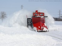 The OSR ran a plow extra to St Thomas today, it was a chilly but very eventful and enjoyable day of chasing the train.  Pictured we see the plow making its second pass to tackle some stubborn drifts.  The power for the plow was OSR 6508 and OSR 1401, even though you can't tell!  I've got to say nothing comes close to the snow shower you get as the plow flies by you!