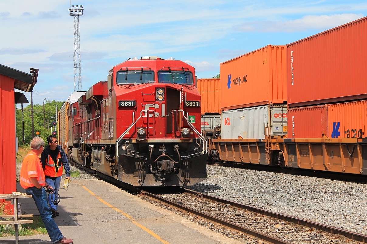 An eastbound makes a crew change at Smiths Falls.