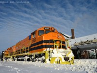 <b>A teaser, I know..</b>I had planned a trip to visit family in Sarnia on the weekend, but the 402 was basically closed most of the weekend. Extreme winds and blowing snow usually lead to one thing on our Plow stabling railroads.. right? So with no plans on Monday morning I headed to Stratford to see if anything was running, and I was gifted with this sight in front of the station. The time is 0830 and 581-16 will plow instead of run freight to Goderich, for the first time with two GW orange units. <br><br>
Where's the action? You'll just have to stay tuned - later this week I'll post an action shot. In the meantime, I'll turn over the show to those that photographed OSR today - seeing that they called the plow for Tuesday the 17th 2015. Quite honestly, had Family Day not occurred - Monday would have been a two plow day in SW Ontario. A thought: There are not that many locations left in North America, if any, that have such a possibility of two plows in a day, are there? Discuss below.