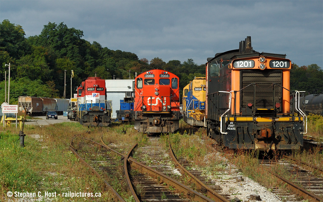 Now historic - this scene has been obliterated in the last year. I believe all of these units in the photo have been saved - 1201 - where did this end up? GEXR 3856 was sent to sister railroad OVR, 4057 is still on the SOR. The former freight shed at left, the shops behind the power, and all this track was basically torn up in favour of new alignments for the James St. North GO station project.

Anyone with updates on location of some of this power - please add to comments. It was around this time SOR/RA was busy scrapping everything they could get their hands on , thanks to new owners Fortress Investment Group, scumbucket hedge fund that squeezes blood from rocks. More on this later..