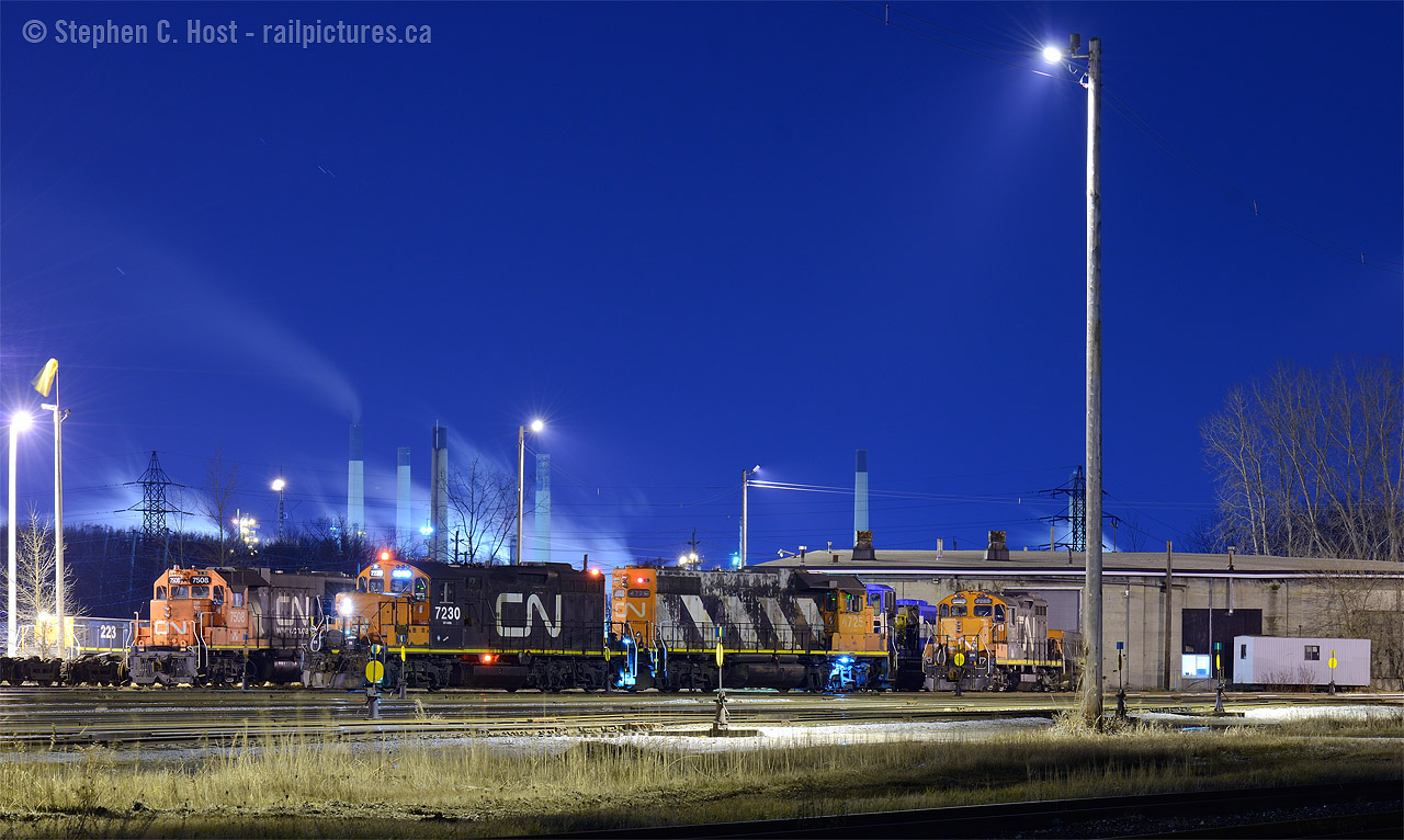 Seven engines, all but one CN - rest at the former CN Roundhouse in Sarnia. The 7508 was at LDS for work, along with a sister unit (Not seen, inside the shop)