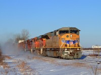 CP train 242 with UP 3696 and helpers BNSF 7367, CP 8733 and CP 8631 approach Strong Road at mile 91.79 on the CP's Windsor Sub.