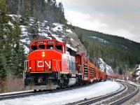 CN SD40-2W 5258, a former LNG test unit struggles towards Geikie with CWR for the Ashcroft Sub. CN decided they'd add 3000' of loads on the tailend, so it sounded great in N8 doing about 10mph.