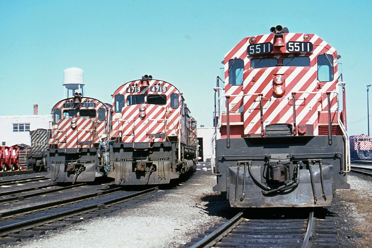 It is coming up to 40 years since I caught these three locomotives basking in the warm sunshine at the CP Agincourt Diesel Shop. I would assume by now that wandering this facility would be strictly forbidden, but do not really know as I have not been there since around 1985. Always liked this paint scheme, the stripes, highly visible and almost hypnotizing when compared to todays' version.