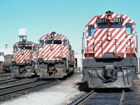 It is coming up to 40 years since I caught these three locomotives basking in the warm sunshine at the CP Agincourt Diesel Shop. I would assume by now that wandering this facility would be strictly forbidden, but do not really know as I have not been there since around 1985. Always liked this paint scheme, the stripes, highly visible and almost hypnotizing when compared to todays' version.
