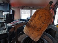 <b>Authority...</b> The GJR Occupancy Control Paddle is shown here on the lead unit, OSRX 8235. One with the paddle has authority to occupy the mainline between Begin/End Main Track Guelph Junction and Cautionary Limit Guelph, those wanting to enter the mainline between those limits have to contact the train or foreman who has the paddle prior to occupying. 