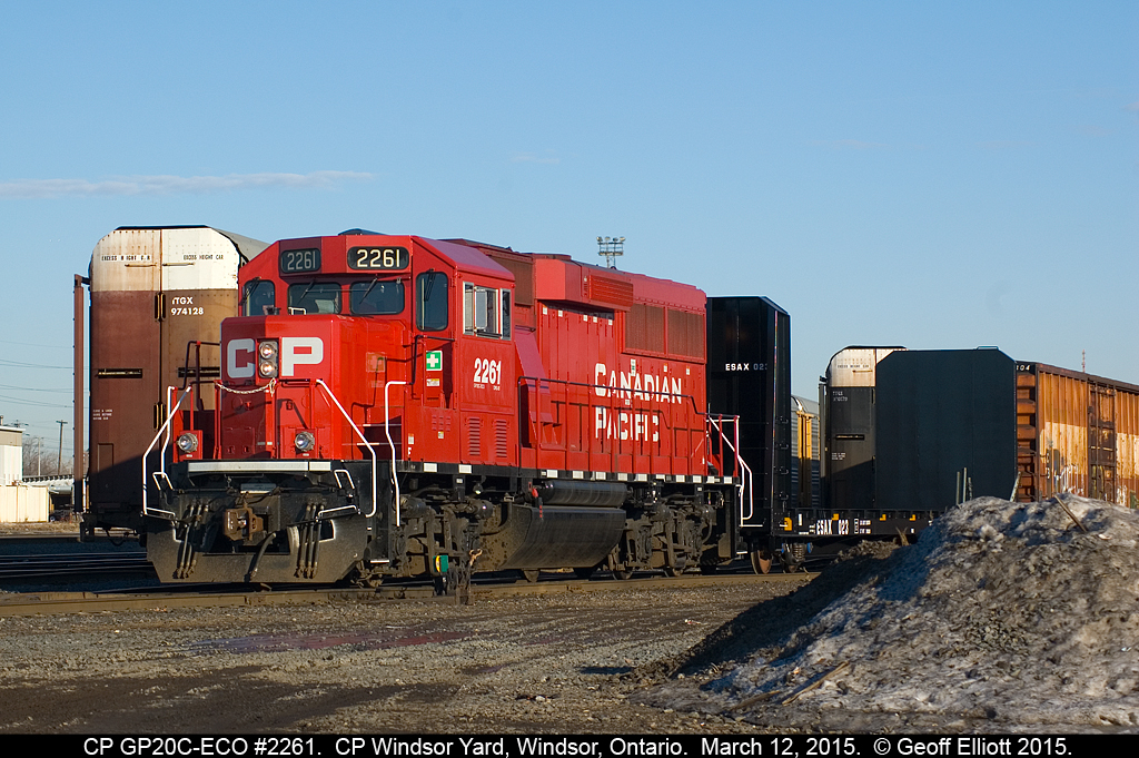 CP GP20C-Eco #2261 is used as the "Yard Goat" for CP's Windsor yard on March 12, 2015.  This unit has been working the yard for a while now vs. the old SD40-2's that had been taking their turn hustling cars around.