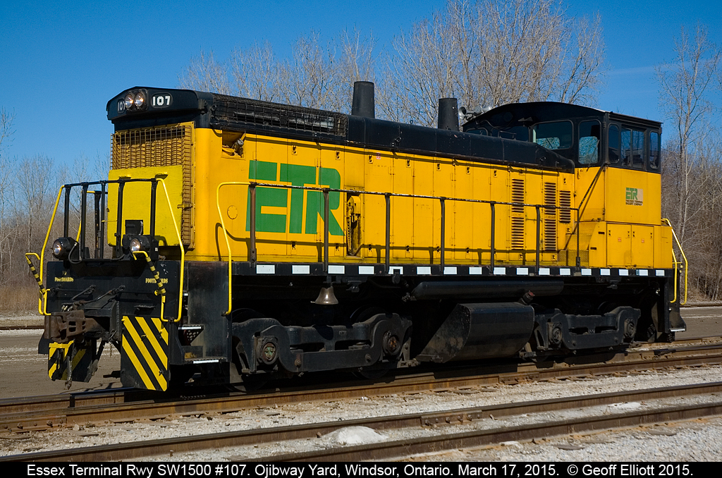Essex Terminal Railway #107 takes a break from switching cars while the crew enjoys their lunch.  107 is working the west end of Ojibway yard today while ETR GP9 #108 has the east end of the yard well in hand.