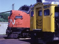 CN FP9A 6531 and Via Rail RDC-1 6105 sit on the outbound tracks at the Fairview roundhouse in the late afternoon on a nice June day. I likely stopped here on my way home from university, they will both move to Ocean Terminal shortly to start their trips.