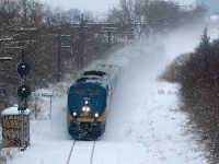 With the Georgetown South Project coming to completion on the Weston Sub, there won't be many more occasions when VIA is forced to detour over the Newmarket Sub. Here's one of the last detours - VIA 84 at Fairbank, heading to Union in a snow squall.