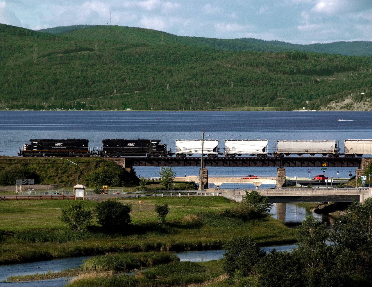Returning from Mirimachi NBEC Newcastle Sub wayfreight hugs the shores of Baie D'Chaleur as it approaches Campbellton