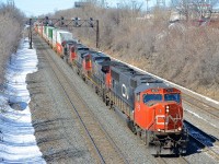 CN 120 has an SD75I leading three GE's (CN 5679, CN 2622, CN 2500 & CN 2220) as it leaves Taschereau Yard, bound for Halifax.