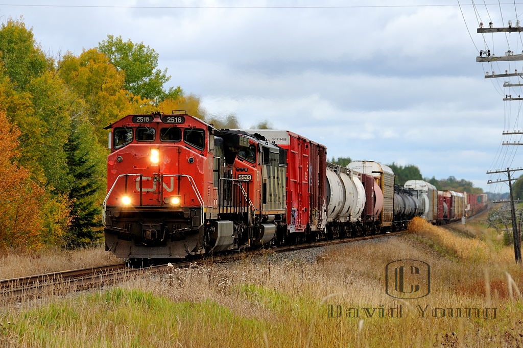 Accelerating its short manifest out of Fort Frances and onto Canadian soil, uniquely built for CN C44-9WL 2516 leads another uniquely Canadian engine, SD60F 5533 westward through the small hamlet of Crozier. The train will enter the States approximately 50 miles down the line at the former crew change point of Rainy River. It will traverse through northern Minnesota for another 45 miles before re-entering Canada and continuing its westward journey into Winnipeg.