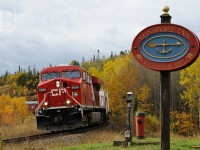 Rolling past the well known landmark just west of the division point of Schreiber, CP's "Spirit" train rolls through the hamlet of Rossport. The train, led my "Olympic" CP ES44AC 8858 ran coast to coast "bringing" the Spirit of the upcoming 2010 Vancouver Olympics to Canadian cities across the system.