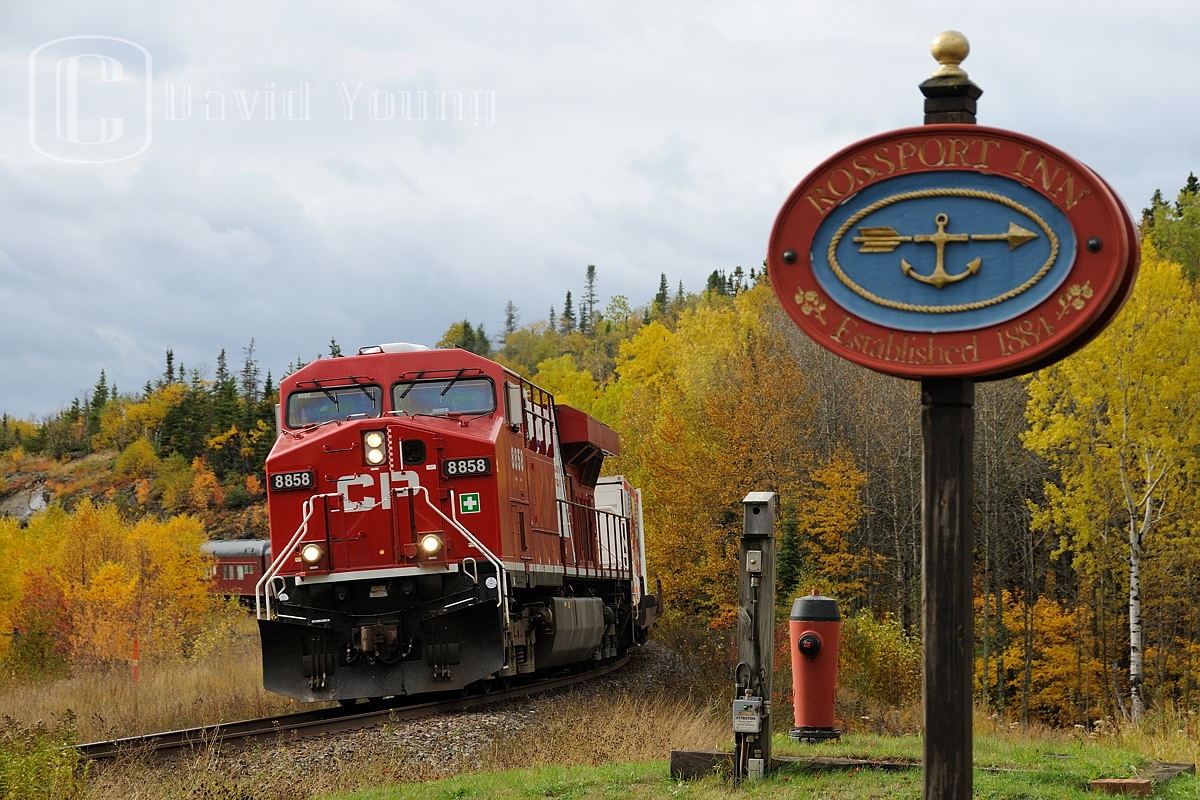 Rolling past the well known landmark just west of the division point of Schreiber, CP's "Spirit" train rolls through the hamlet of Rossport. The train, led my "Olympic" CP ES44AC 8858 ran coast to coast "bringing" the Spirit of the upcoming 2010 Vancouver Olympics to Canadian cities across the system.