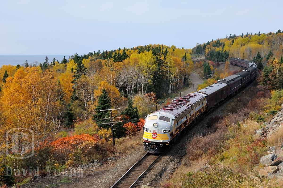 A Special Charter: Skirting the shores of Lake Superior (seen in the background) and through the gorgeous fall colours northwestern Ontario has to offer, CP's business train heads east for Toronto with a group of Canadian Tire owners taking a cross country tour. The tour which started in Calgary, has been a long drawn out affair. I remember talking to the "owners" during the crew change in White River and they were disappointed they were not allowed to get off the train and explore some of the areas where the train stopped, for liability reasons. A sign of current times I guess...