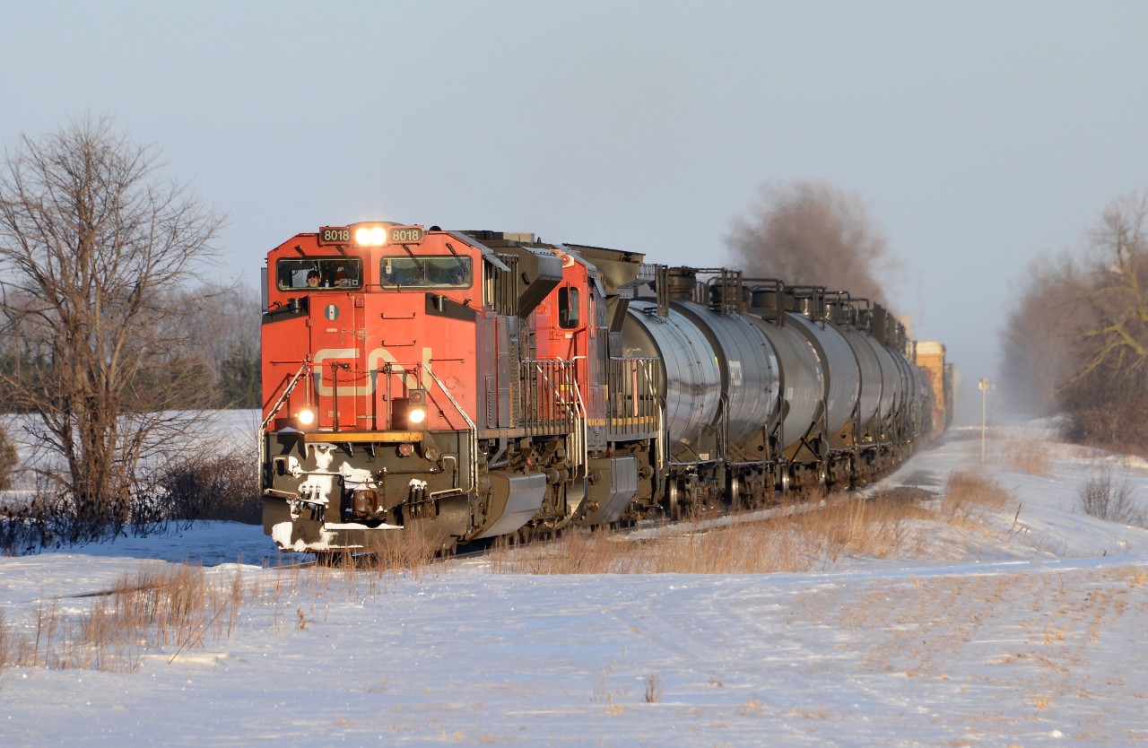 Train 331 heads west at Camlachie Sideroad with CN 8018 and CN 2101.