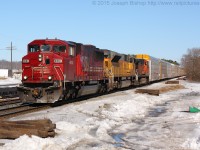 CP 147 blasts through the small town of Ayr with an awesome consist.  The power for today's train was SOO 6061, UP 3747, BNSF 4672.  Having never shot a SOO SD60M before a quick run up to Ayr was in order.  SOO 6061 is the last remaining SOO SD60M on the CP system, all the rest have been rebuilt and now wear CP paint.