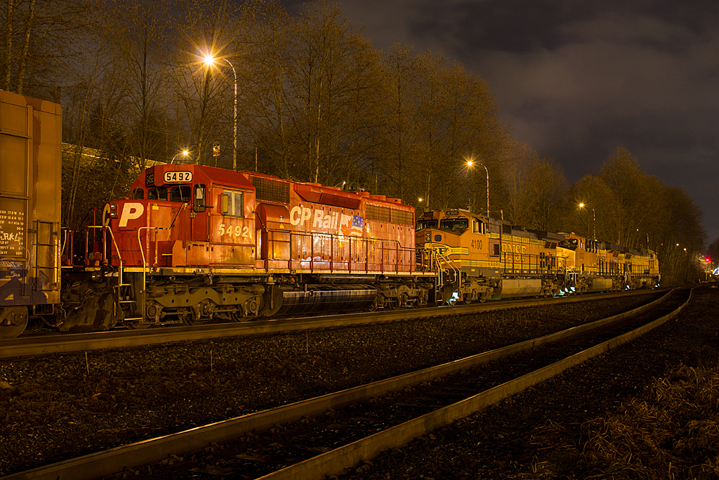 CP SD40M-2 5492 sits behind BNSF 4579, BNSF 8203 and BNSF 4100 as it awaits its move to a permanent home in Sandpoint, Idaho. 5492 was one of 10 unique locomotives on CPs roster, as it was originally a Chesapeake & Ohio Railroad SD40. She looked as spiffy as the day she was released from rebuild in 1995, still sporting the paint scheme that was given then.