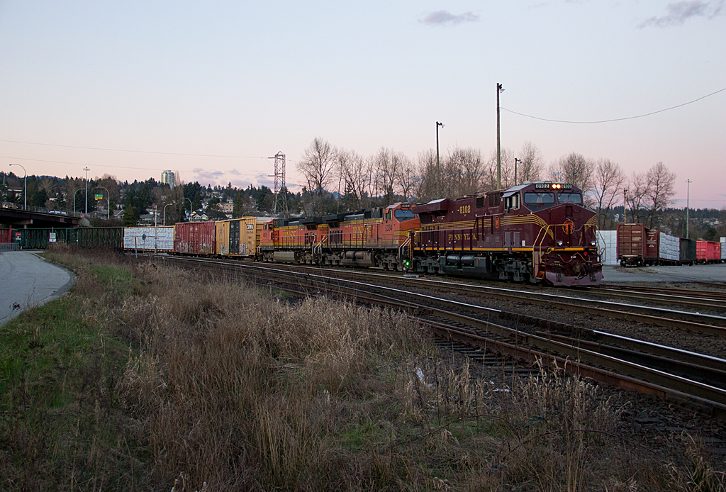 Pennsy comes to Canada and leads! NS heritage unit ES44AC 8102 awaits to head south from BNSFs New Yard to Brownsville, where it will make up a train that will eventually go back to the USA. Within a week 8102 will make a return trip back up to New Westminster.

This would be only the second NS heritage unit to make it north into Western Canada, the other being the NS Interstate locomotive. For this photographer it was a sweet catch of a sharp looking locomotive. Thats one to scratch off the bucket list.