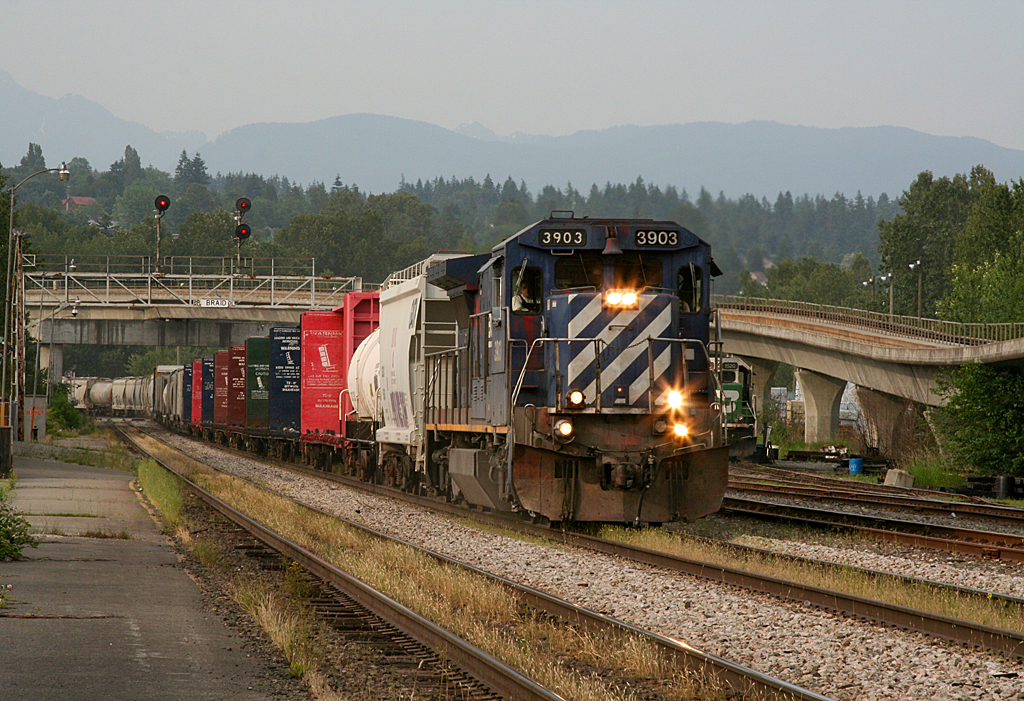 BCOL 3903 is seen southbound on its way back to Thornton Yard with cars it has lifted from CNs Main Yard in Downtown Vancouver. In 2012, only a few years after this image was taken all 11 of these B39-8s were retired by CN.
