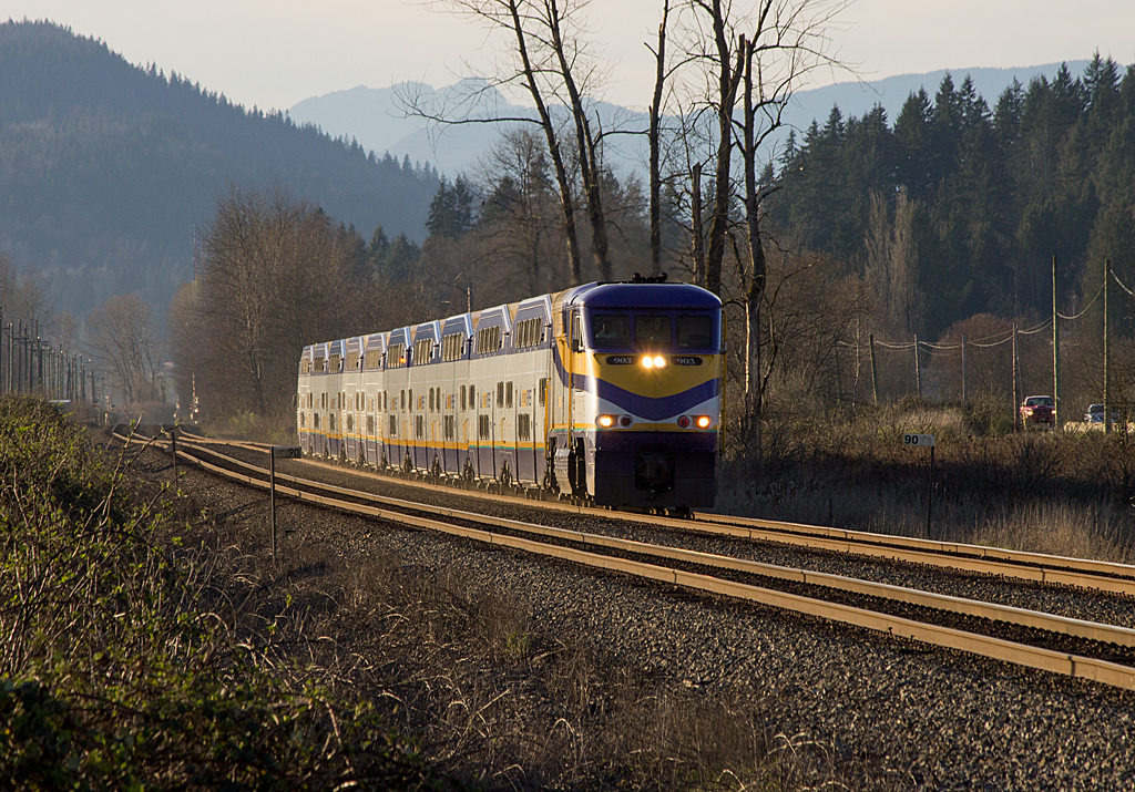 F59PHI 903 hustles eastward with a 10 car train towards the final destination of Mission, BC with the few commuters left on board, who are returning home after a long day of work in Downtown Vancouver.