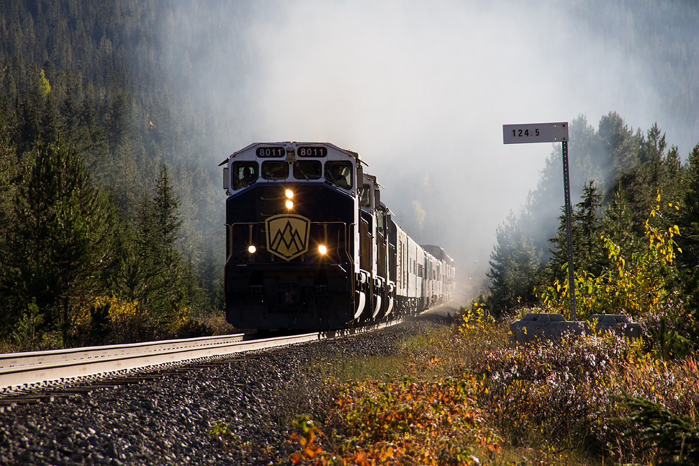 Those EMD turbochargers in full swing, the Rocky Mountaineer heads eastward through the former station name sign of Hector, after pulling up the Big Hill. We had chased the train on the east side of Palliser in the Kicking Horse Canyon and all the way the billow of smoke was non-stop.