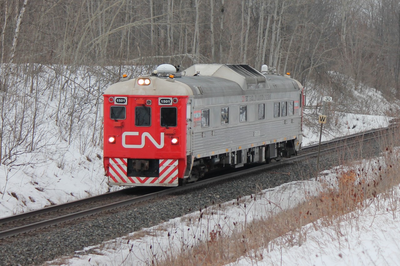 CN Test Track Evaluation System 1501 passes Mile Marker 30 on the Halton sub.