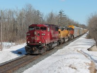 SOO 6061 leads UP 3747 and BNSF 4672 through Puslinch past MM43 on a fine sunny March afternoon.
Another CP run with no sign of CP power.