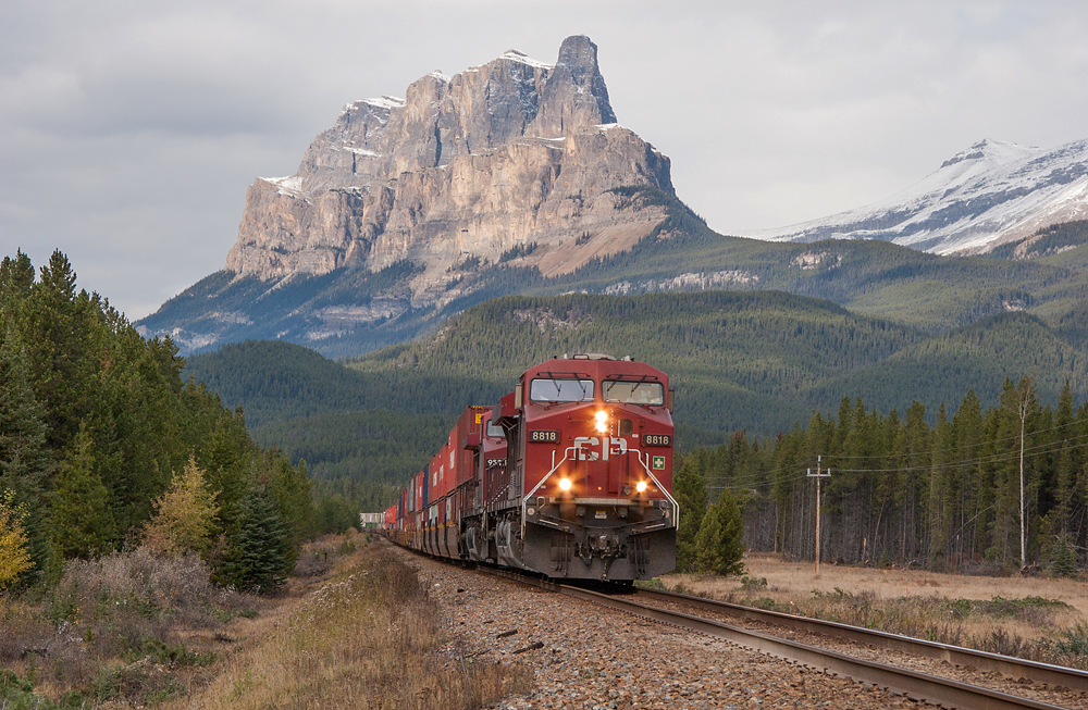 It is said that Nicholas Morant championed displaying Canada through his lens to promote the landscape. One such demographic was the Canadian Rockies. Johnston Creek, with the ever dominate Castle Mountain is said to be one of the other areas Morant was famous for shooting at, besides the curve so famously carrying his name. Thanks to a friend, I had the opportunity, minus the scaffolding to capture an eastbound in Morants footsteps.