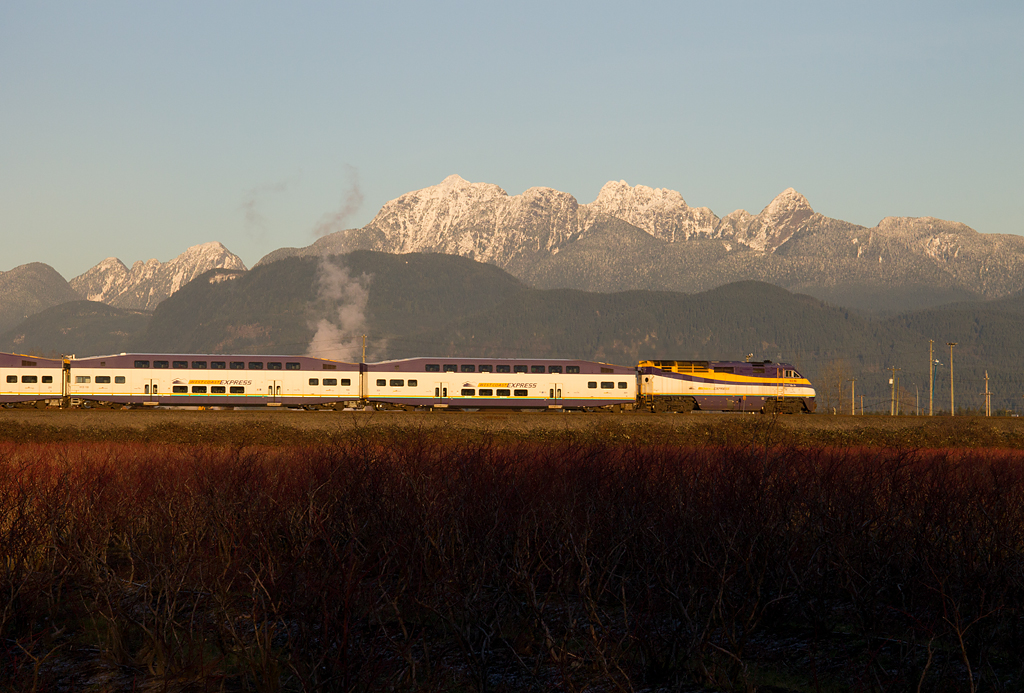 On a extremely nice, brisk New Years Eve 2014, WCEX F59PHI 905 leads the second West Coast Express to leave Downtown Vancouver for Mission. The train has just crossed the Pitt River Bridge and is framed nicely under the Golden Ears Mountain. Southern BC experienced an very nice few weeks during this Winter, in which we received rare sunshine, which allowed the Coastal Mountains to stand out. What was also rare on this occasion was West Coast Express in daylight. As it was New Years Eve, two of the five trains left Vancouver early.