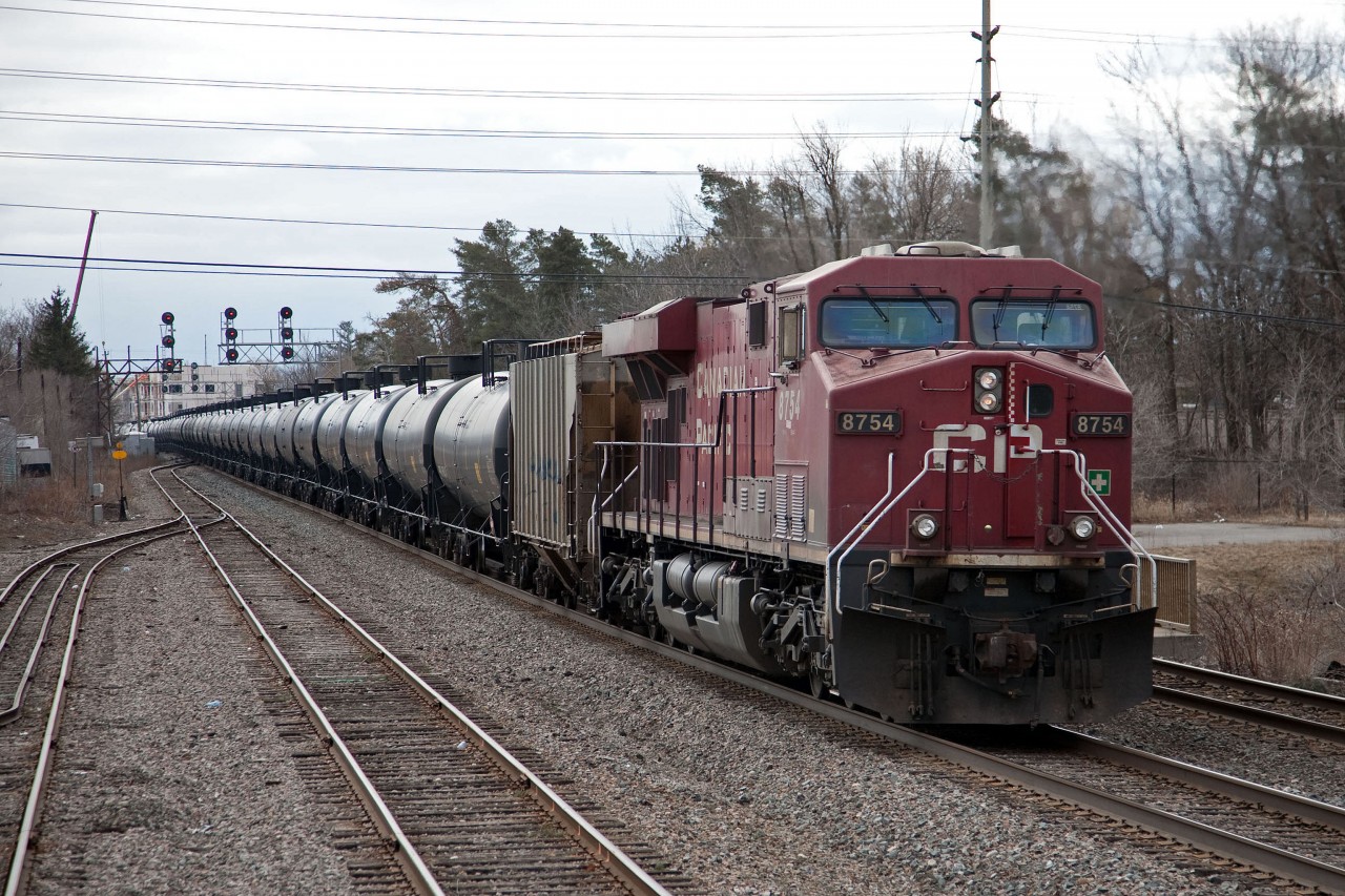 CP 8754 is the DPU on an eastbound crude oil train led by CP 8843. Image was taken from OBRY's 4009 as it sat  awaiting the arrival of CP's Streetsville Switcher, with 10 cars for the shortline.