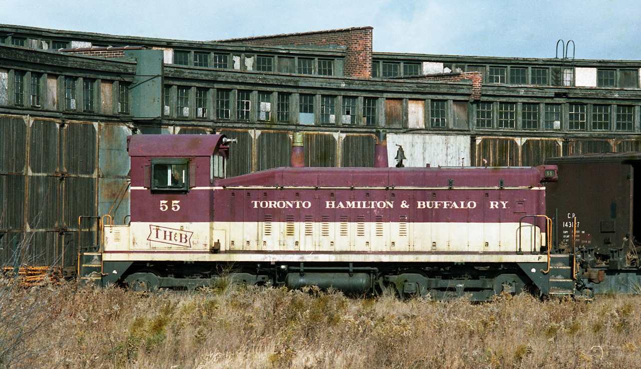 Its days with the TH&B over, GMD SW-9 55 sits outside the Chatham Street roundhouse in Hamilton.