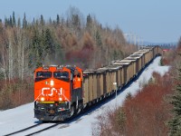 112 coal empties for Coal Valley negotiate the rollercoaster Foothills Sub. New CN ES44ACs 2876, 2914 and 2899 (seen on the rear) provide the power. While all 3 units certainly aren't needed for the westward trip, they'll definitely be in use lugging the loads back east.