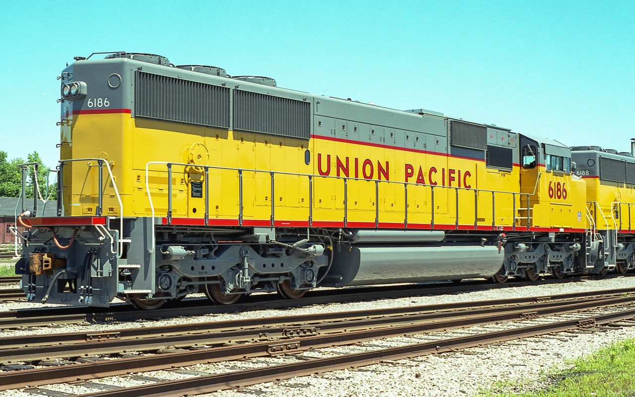 Four new SD60M's from EMD wait at the CP shop in London and will soon depart westward to cross the border. Included are UP 6186-6188-6184-6183. Sadly this scene will never be repeated today since EMD ended over 60 years of history in London.