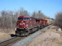  CP 9833 leads CP 9655, CP 5906 and CP 2261 into Puslinch on a bright sunny April 1st hauling a load of auto racks cleared to Wolverton. Was a popular day for railfans at MM43 for a slow day on the Galt sub.