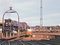 <br />
<br />
It looks like the late Del Rosamond got up early to catch #6167 before she headed over to Union Station for her next fan trip. As the sun rises, her white-painted driver wheels and full load of coal made for a regal scene. Built in 1940 by MLW, she served her last excursion on September 27th, 1964. Meanwhile, a gaggle of S2 and S4 diesels wait for servicing and their next assignment.
 
