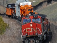 Dynamic brakes whining, CN 2622 eases L350's train down the hill through Beare, nearing the end of it's (geographically) short run from Hamilton, Ontario. Love that van! 1244hrs.