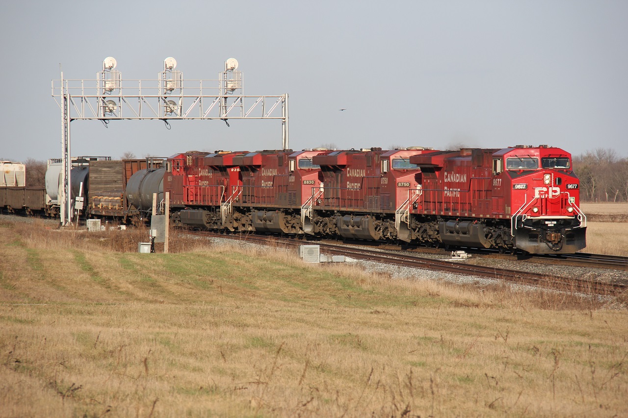 A CP westbound off the Hamilton Sub does work at the west end of CTC Wolverton on this beautiful spring evening. The power was CP 9677, CP 8750, CP 8830 and CP 9354.