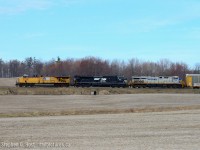 For the foreign power people - here's a lunch that you can chow down on. A sandwich of no less than three distinct locomotive liveries, and no Canadian content to be seen other than the first autorack.Not really my cup of tea from a photography point of view but lash-ups like this don't happen every day... 1/125s ISO 100 pan attempt.