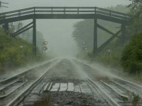 After a heavy midsummer downpour the CP tracks going under the farm crossing and down the Niagara escarpment are shrouded with mist, looking east from the Canyon Road grade crossing.