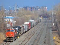 CN 527 has its currently assigned power (CN 2249 & CN 4134) as well as two NS units from a CN 529 that terminated at Southwark Yard (NS 6766 & NS 9591) as it approaches Taschereau Yard.