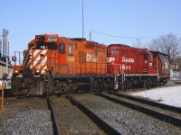 Two GP9u engines bring a short train into Lambton Yard via the Mactier Sub connecting track.  