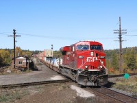 CP 8887 leads a eastbound container train over the diamond at Franz.